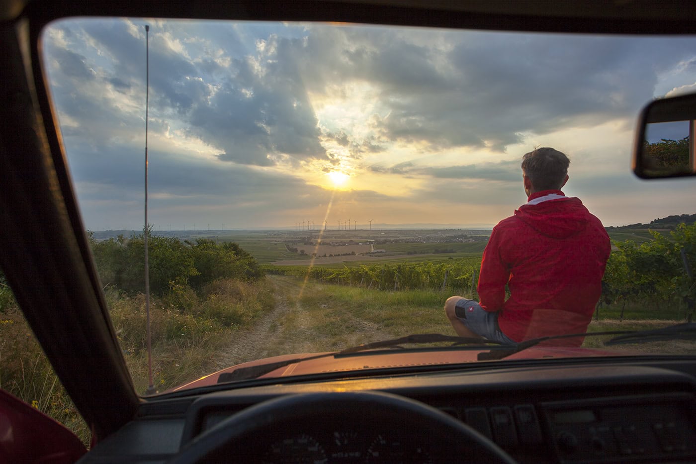 Blick aus dem Fahrzeug auf den Sonnenuntergang und die Natur in Köln.