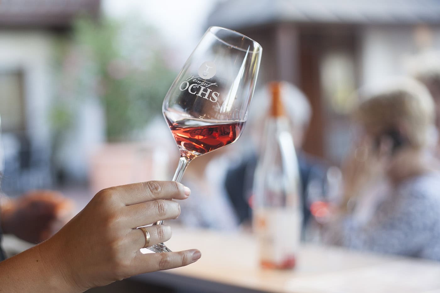 Hand hält ein Glas Roséwein bei einer geselligen Weinprobe in Köln.