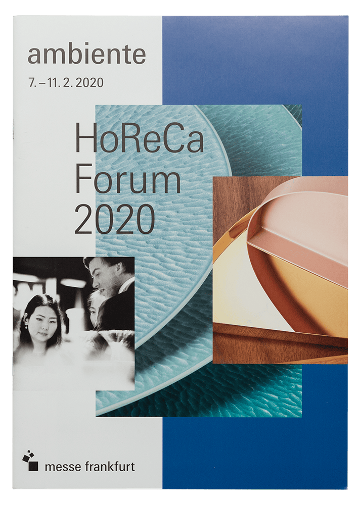 Veranstaltungsflyer für HoreCa Forum 2020 in Frankfurt, mit blauen und braunen Designelementen.