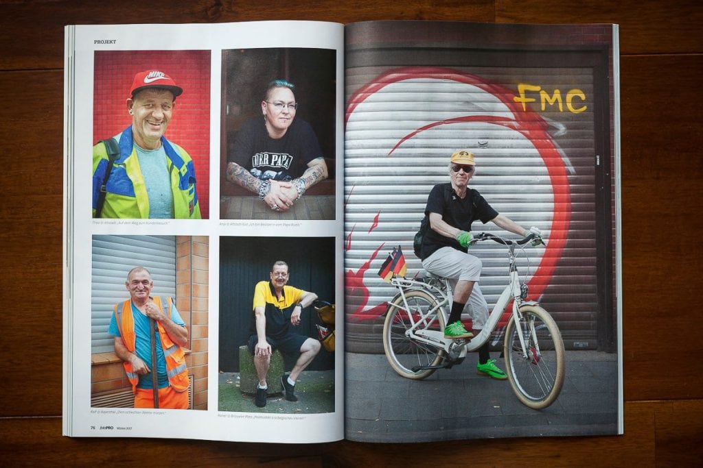 Fotografien von Menschen in urbaner Umgebung, Fokus auf Persönlichkeit und Alltag.